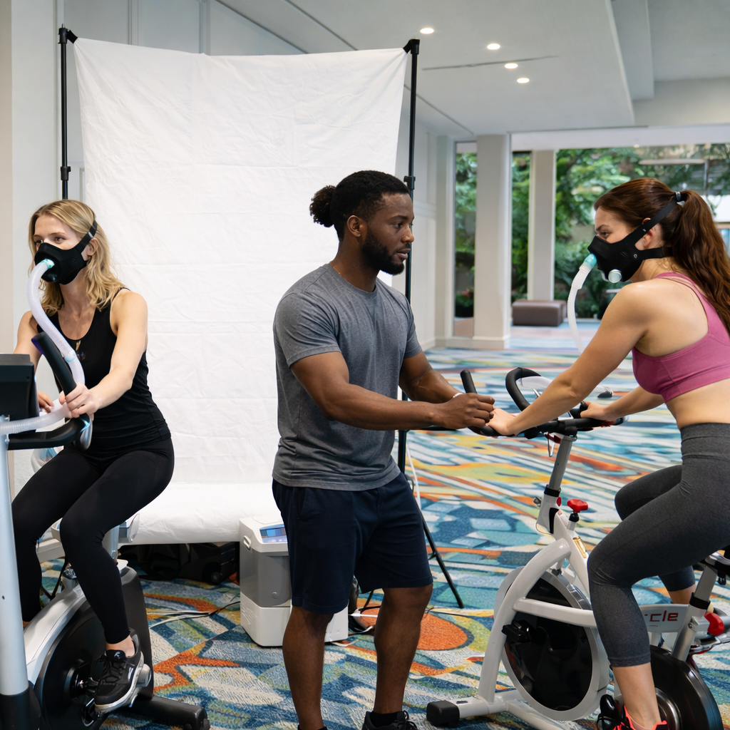 People using Exercise With Oxygen Therapy (EWOT) with a LiveO2 Adaptive Contrast oxygen system while cycling in a modern indoor