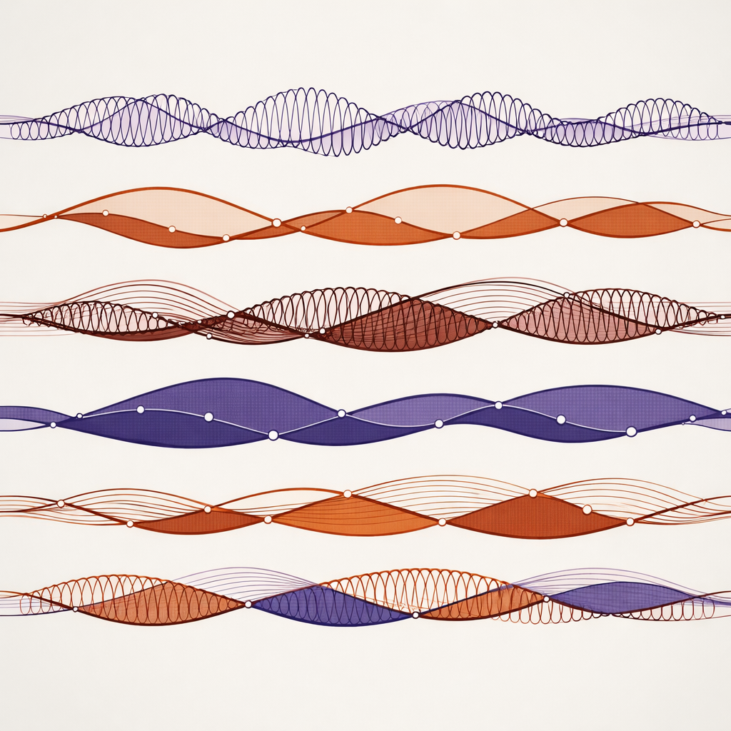 Abstract visualization of structured electromagnetic signals, illustrating layered wave patterns used to conceptually represent how PEMF systems generate and organize fields over time.