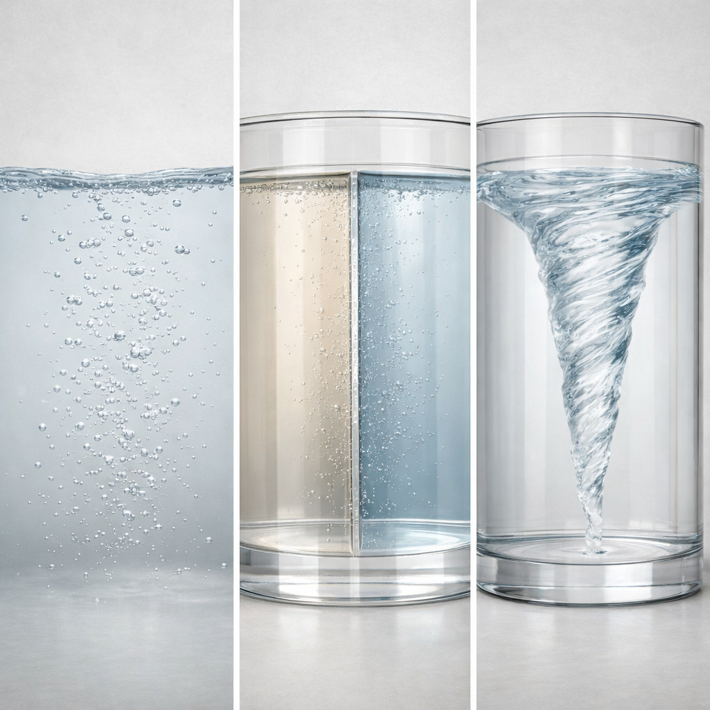 Three-panel comparison of hydrogenated water microbubbles, ionized water electrochemical separation, and structured water vortex flow inside transparent vessels.