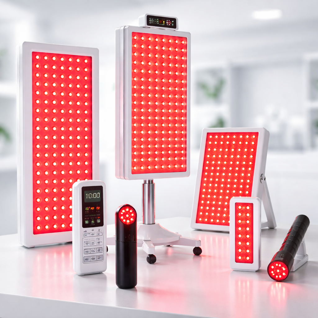 Red light therapy devices including full-body LED panels, tabletop panels, portable units, and an LED face mask arranged in a clinical home wellness setting.