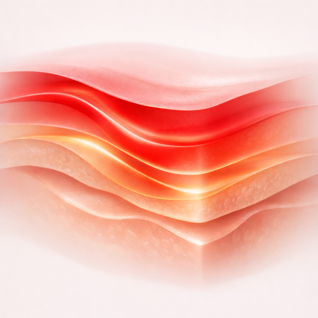 Abstract illustration representing light interaction with layered skin tissue, used to conceptually depict photobiomodulation without implying biological or clinical outcomes.