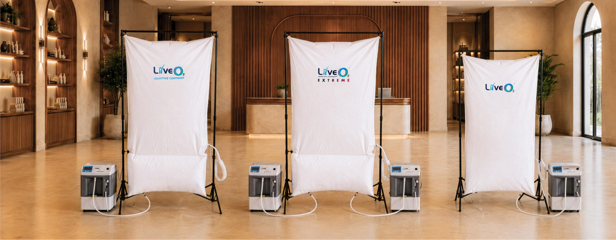Exercise with oxygen therapy EWOT systems displayed in the SanaVi Health Systems showroom, featuring reservoir bags, oxygen compressors, and breathing accessories.