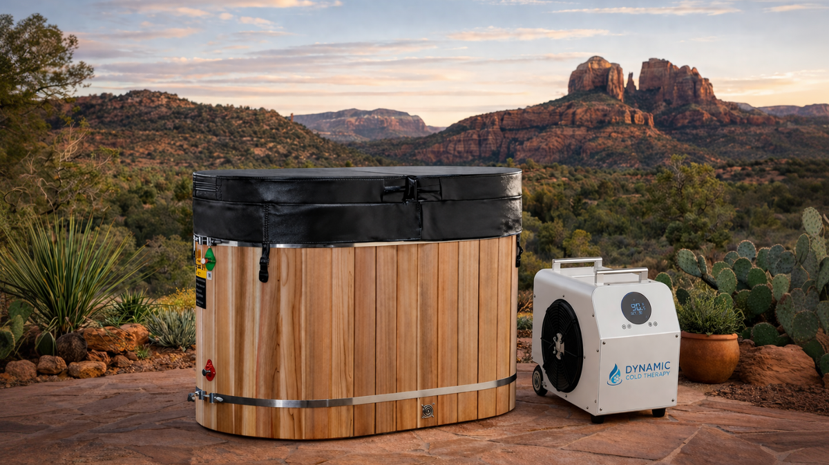 0.8 HP cold plunge chiller connected to barrel cold plunge tub in residential outdoor setting with temperature-controlled system