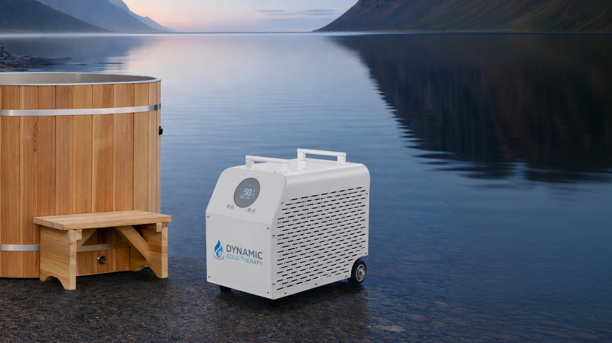0.8 HP cold plunge chiller system connected to barrel cold plunge tub in outdoor lake setting for temperature-controlled immersion