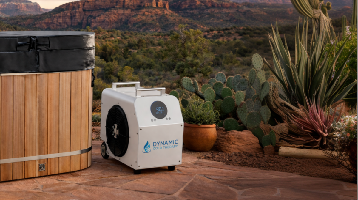1.0 HP cold plunge chiller connected to barrel cold plunge tub in residential outdoor setting with temperature-controlled system