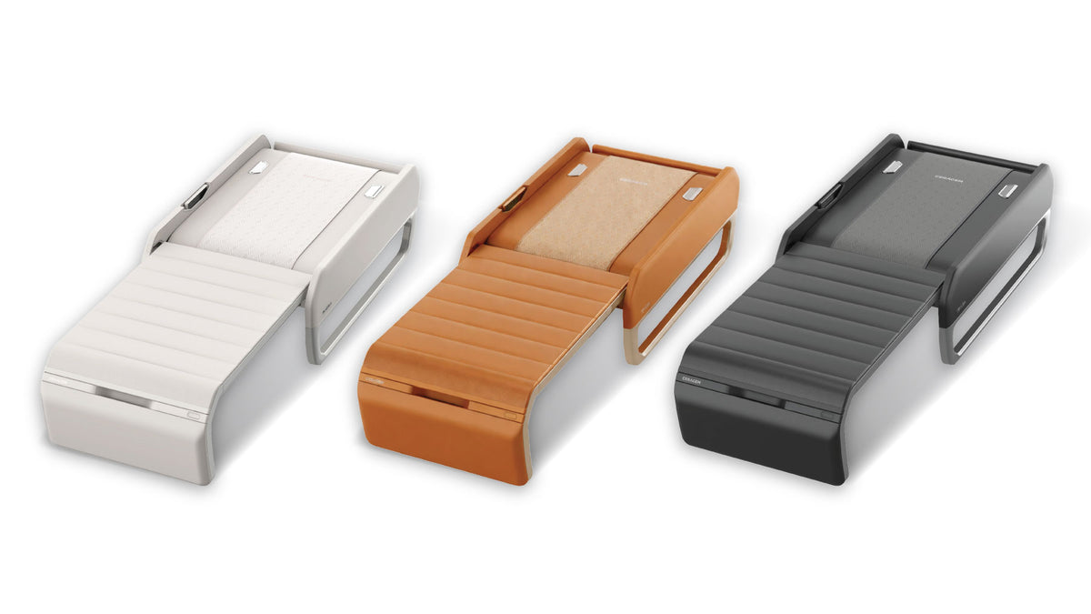 Ceragem Master V7 thermal massage bed shown in multiple color options including white brown and black with foldable design