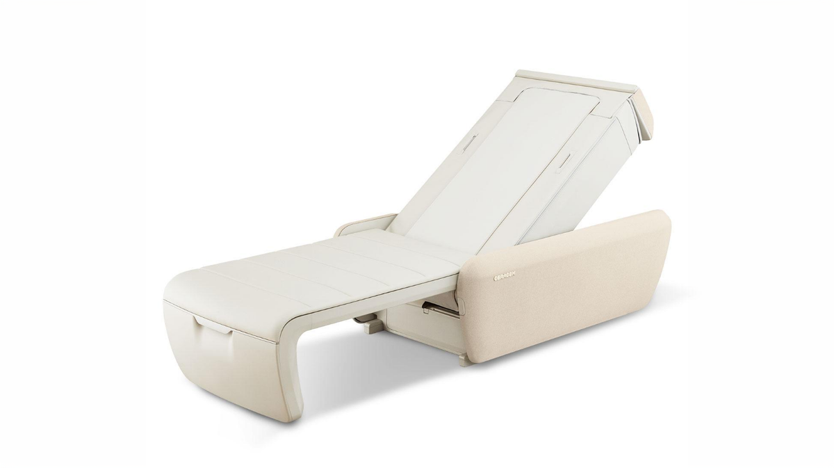 Ceragem Master V9 massage bed fully extended in flat bed mode showing full-length spinal therapy surface