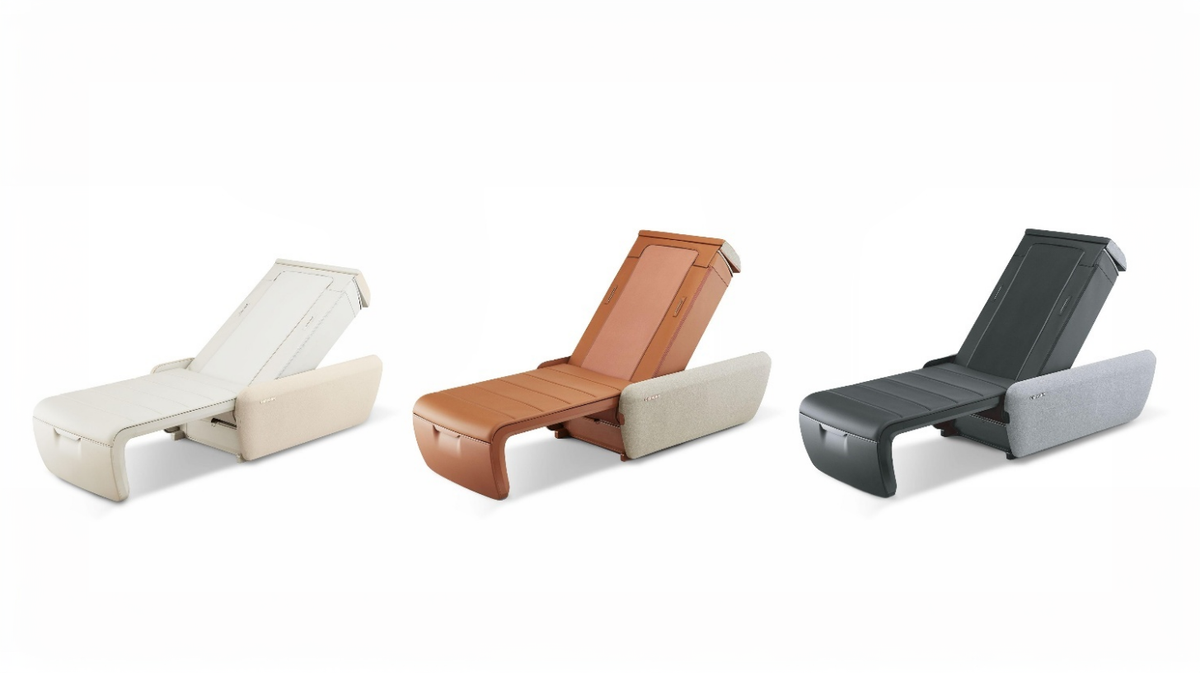 Ceragem Master V9 massage bed shown in multiple color options in partially reclined positions on a clean studio background