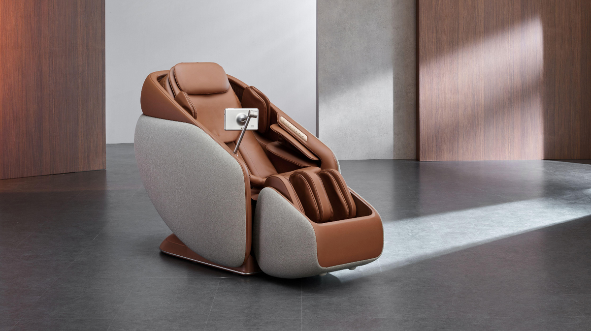 Ceragem Pause M10 massage chair fully reclined with leg and foot massage system extended in modern minimalist interior