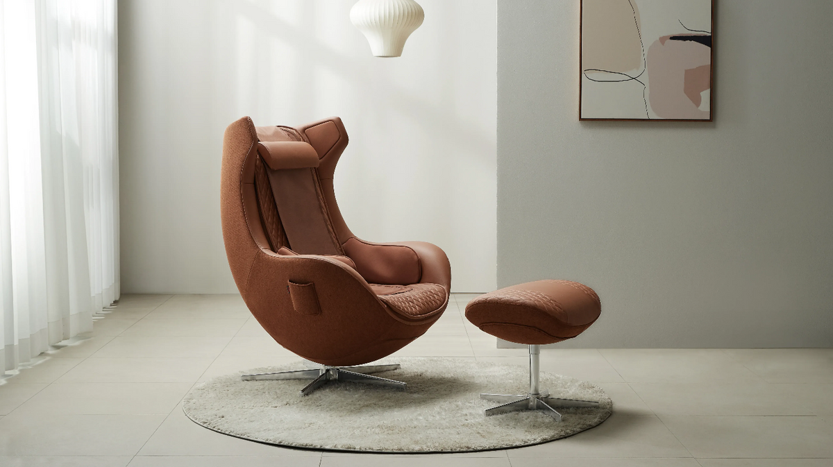 Ceragem Pause M4 massage chair in brown with ottoman placed in contemporary home interior