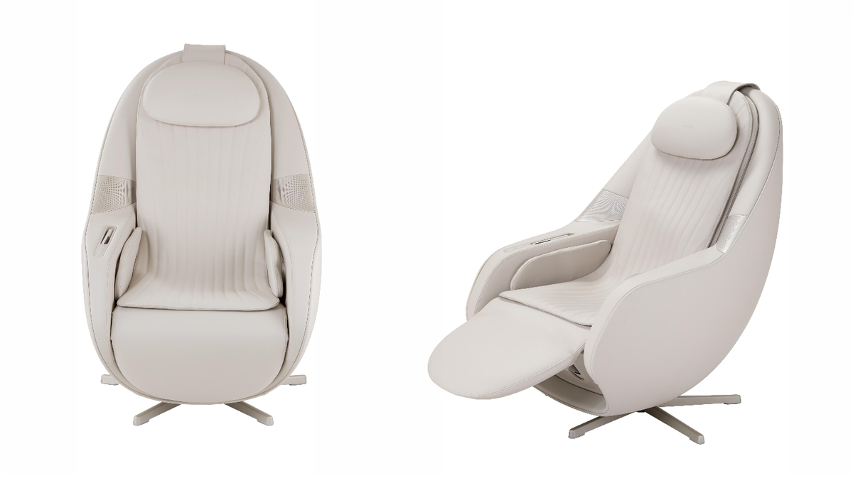 Ceragem Pause M6 massage chair front and reclined view in beige shown in clean home wellness setting