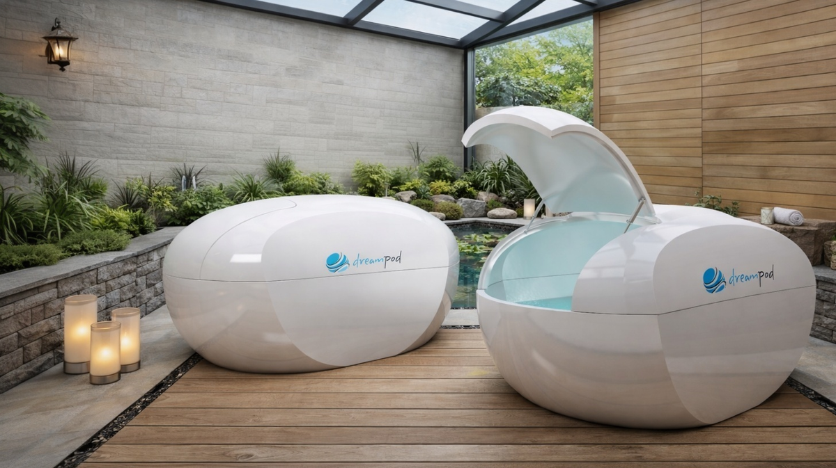 Two Dreampod Home Float Plus float tanks outdoor patio setting near water feature showing closed and open configurations