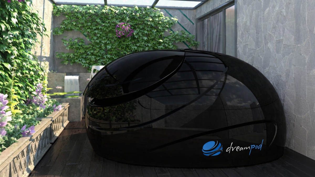 Dreampod Sport Float Pod commercial float tank closed in modern outdoor wellness architectural setting