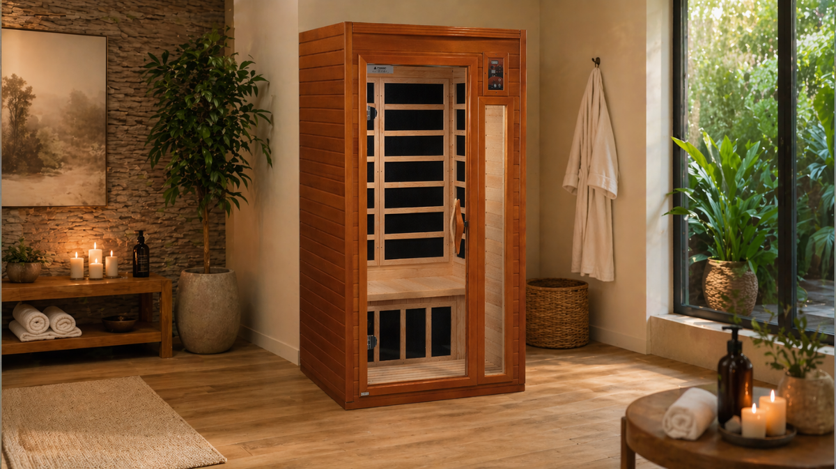 Dynamic Barcelona Elite infrared sauna placed in warm spa style indoor environment with natural lighting and residential wellness setup