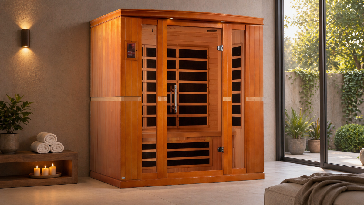 Dynamic Bergamo 4 person infrared sauna low EMF installed in modern indoor home wellness space