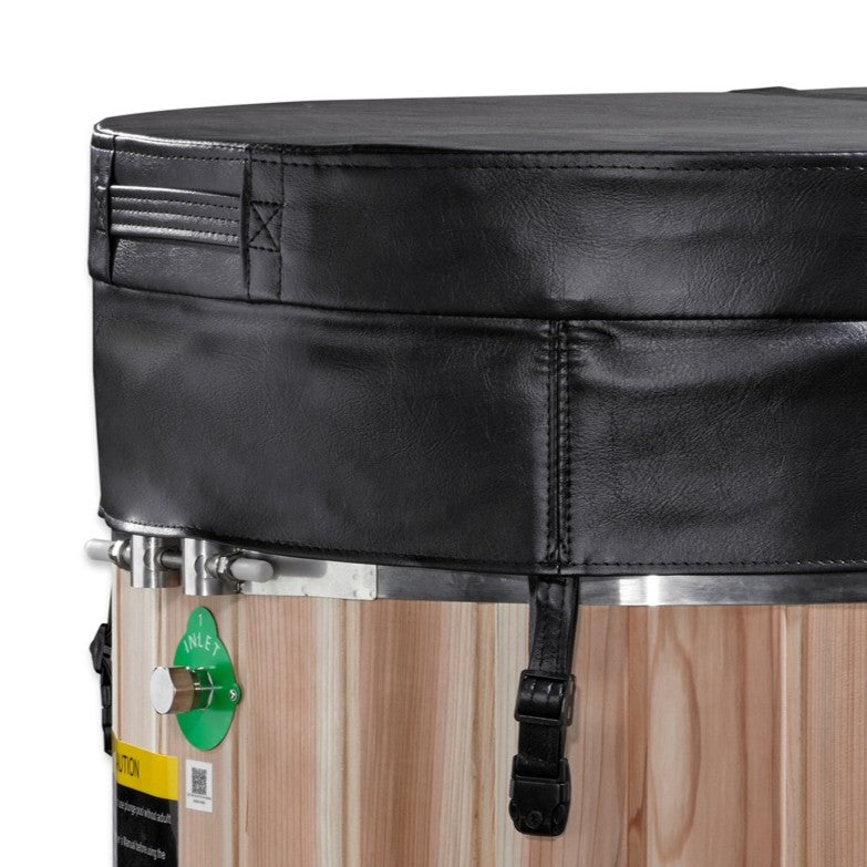 Dynamic Cold Therapy oval cold plunge tub cedar exterior with insulated safety cover and latch detail in close-up product view