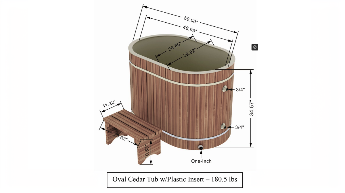 Dynamic Cold Therapy oval cold plunge tub cedar barrel with labeled dimensions showing width height and step measurements