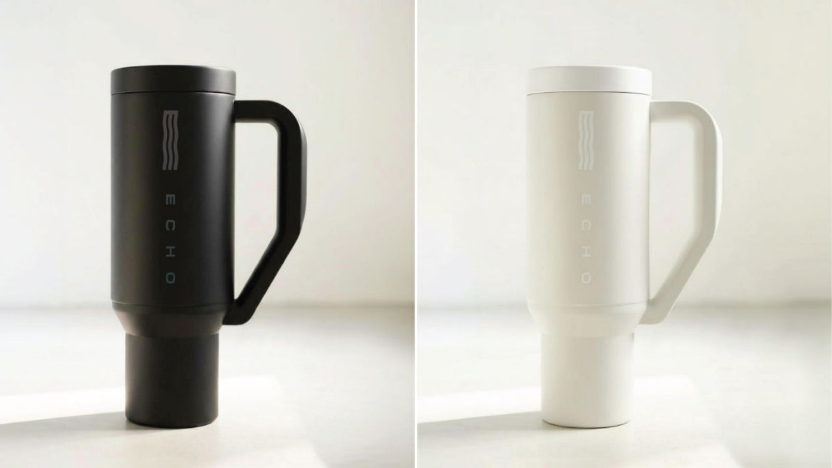 Echo Forty hydrogen water tumbler side profile showing ergonomic handle design and stainless steel body in black and white portable hydrogen water system