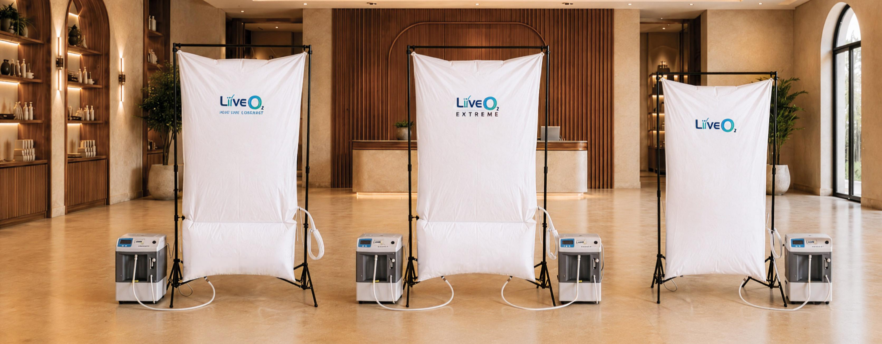 Exercise with oxygen therapy EWOT systems displayed in the SanaVi Health Systems showroom, featuring reservoir bags, oxygen compressors, and breathing accessories.