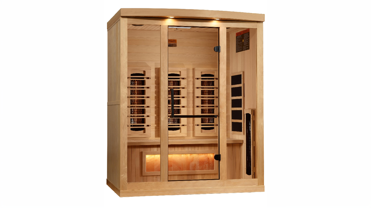 Golden Designs Reserve Edition 3 person infrared sauna full unit front view showing Canadian hemlock construction glass door and interior heater layout
