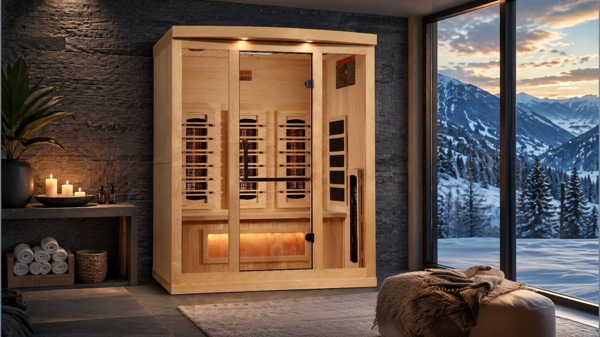 Golden Designs Reserve Edition 3 person infrared sauna installed in home spa setting with mountain view demonstrating indoor placement and lifestyle use