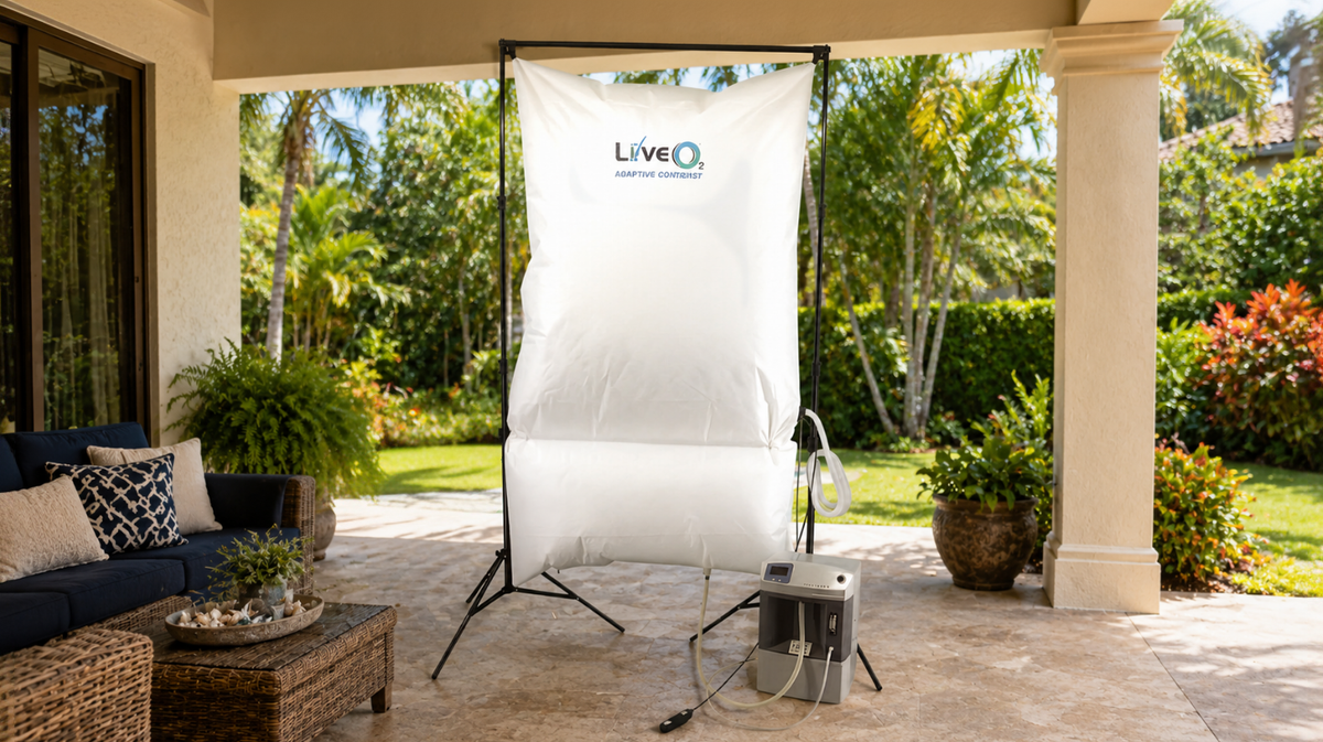 LiveO2 Adaptive Contrast EWOT system with extra-large high altitude chamber and air separator in a covered outdoor patio wellness setting