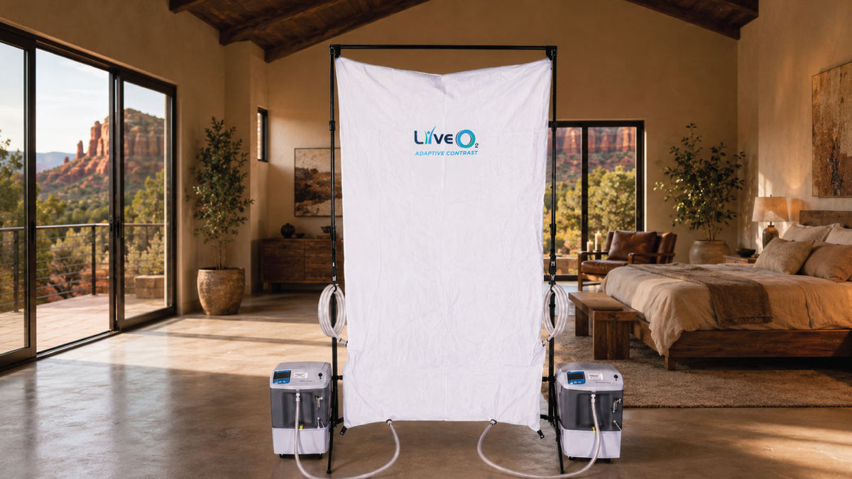 LiveO2 Dual-User Adaptive Contrast EWOT system with Dual AC reservoir and dual air separators in a luxury retreat room with Sedona-style views