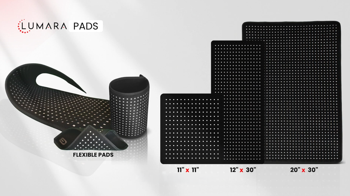 Lumara red light therapy pad flexible pads displayed in multiple sizes for full body coverage in studio setting