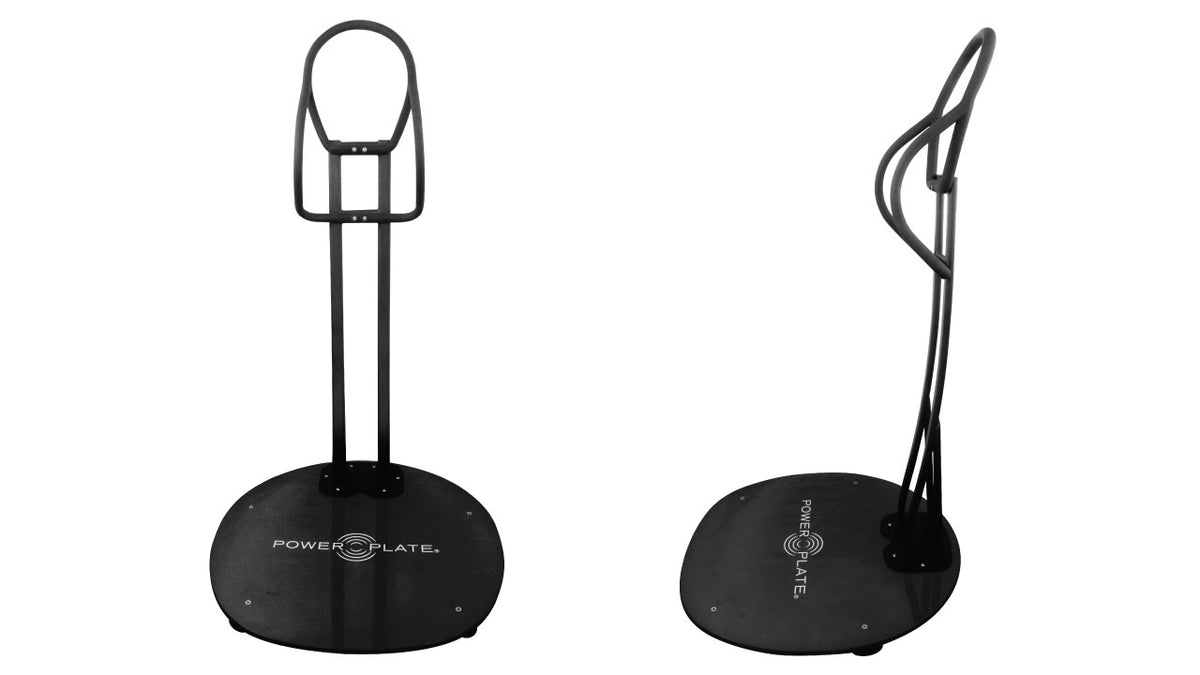 Power Plate MOVE Stability Bar and Shield accessory showing front and side views of the support bar mounted on the base platform.