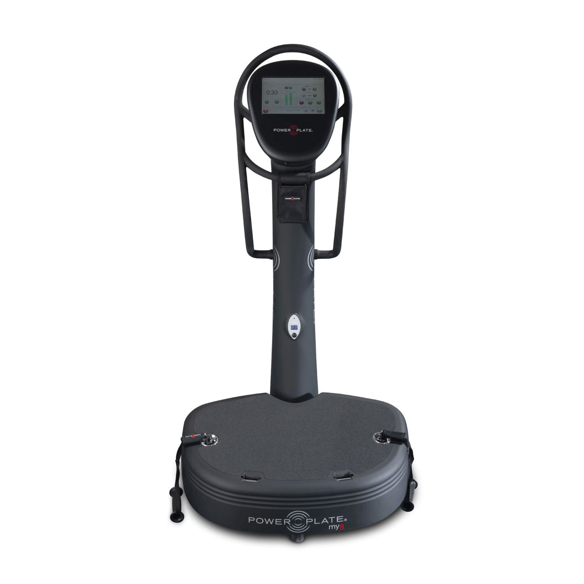 Power Plate my8 whole body vibration platform front view showing PrecisionWave vibration plate, integrated touchscreen training console, and retractable proMOTION resistance cable system