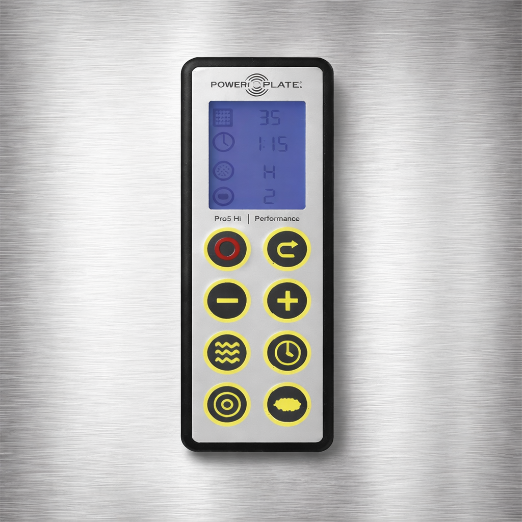 Power Plate pro5 whole body vibration platform remote control displaying vibration settings