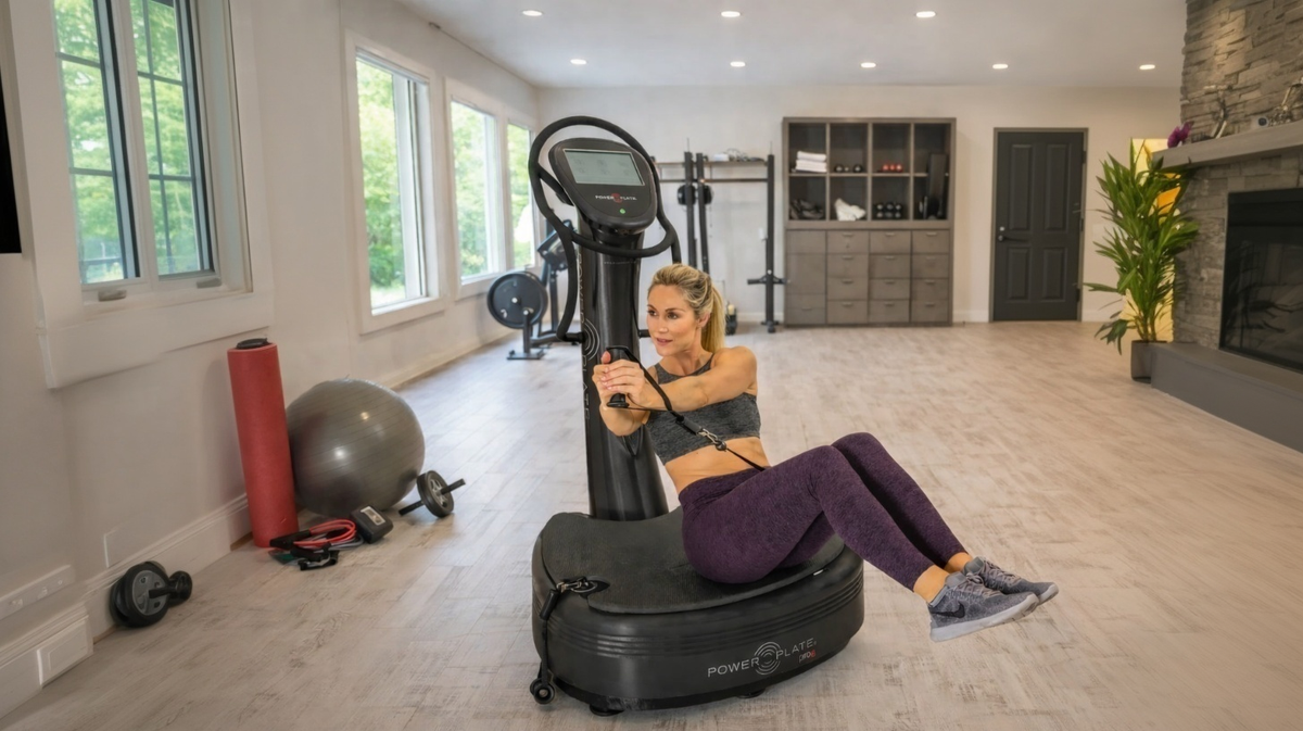 Power Plate pro8 whole body vibration platform resistance cable training exercise in home gym studio