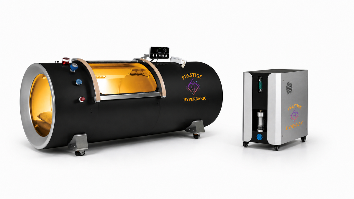 Prestige Hyperbaric 2.0 ATA hard shell hyperbaric chamber with integrated system displayed together in white studio environment