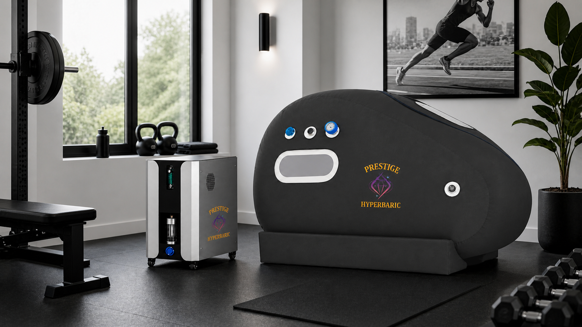 Prestige Hyperbaric compact chamber and oxygen concentrator system placed in home gym environment with fitness equipment and recovery setting