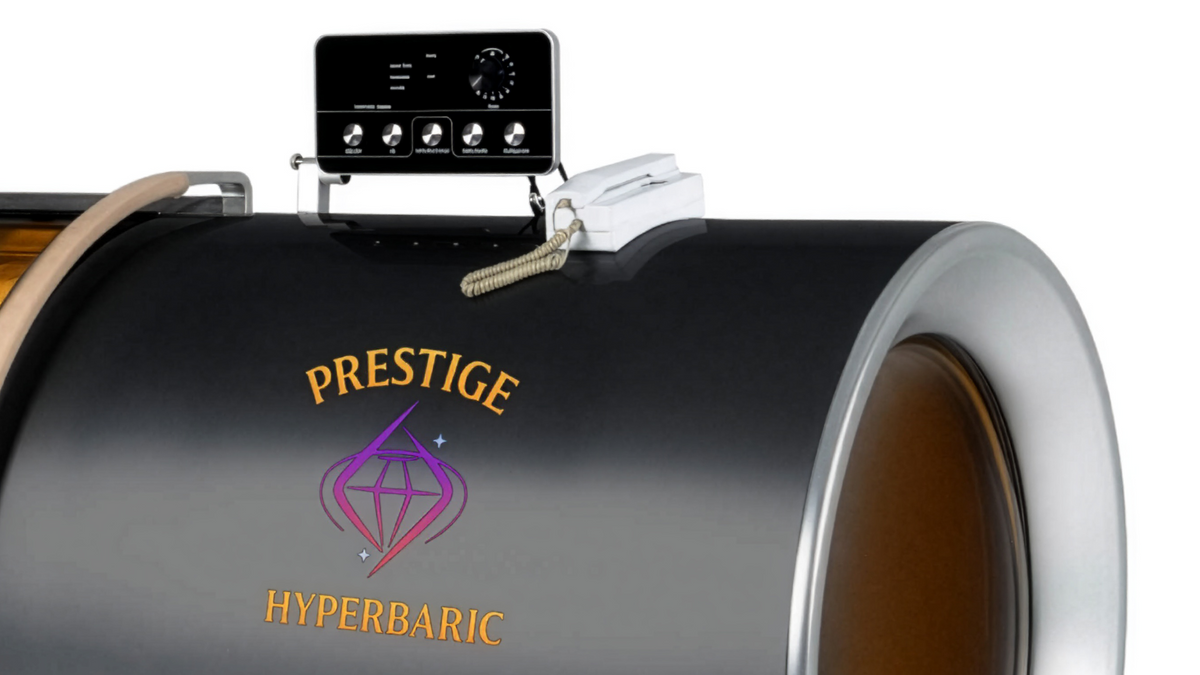 Prestige Hyperbaric chamber branding with mounted control panel display and integrated system interface detail
