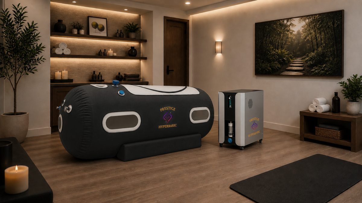 Prestige hyperbaric chamber full body softshell system installed in home spa wellness room environment with integrated system unit
