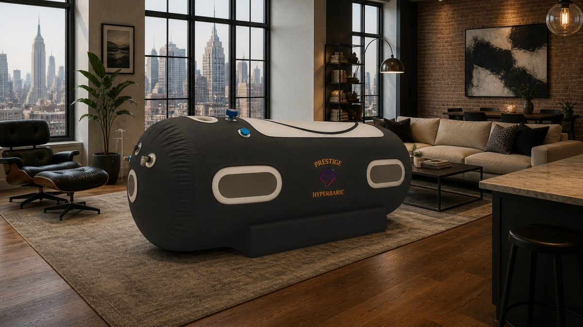 Prestige hyperbaric chamber for home use full body softshell system installed in modern luxury living room environment