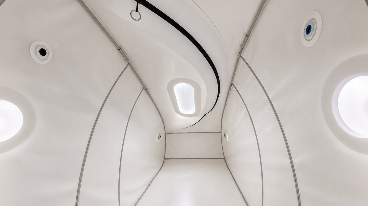 Prestige Hyperbaric softshell HBOT chamber interior tunnel view showing structural frame oxygen ports and internal viewing window