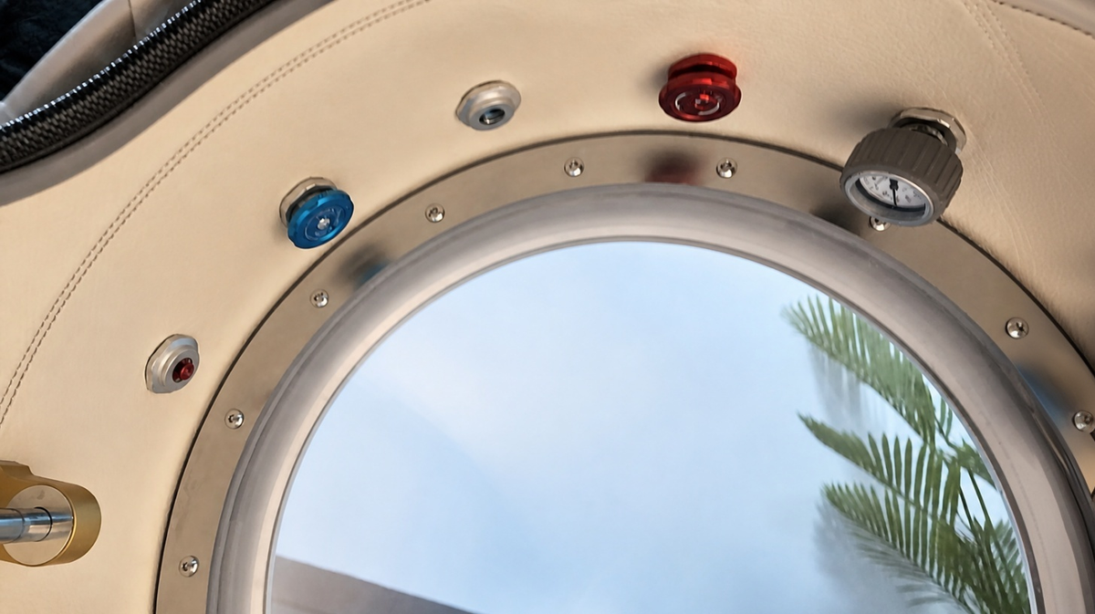 Prestige Hyperbaric chamber interior viewing window with pressure valves and gauge detail showing reinforced hard shell construction