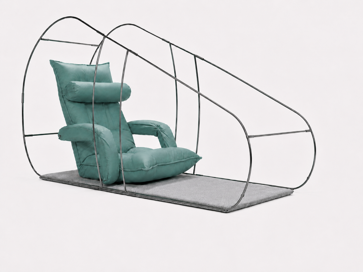 Prestige Hyperbaric compact softshell hyperbaric chamber sit-up system with adjustable reclining chair and internal support frame in clean studio environment