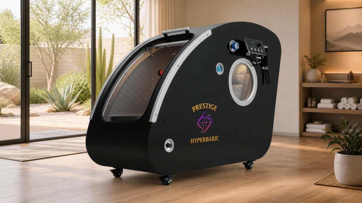 Prestige Hyperbaric Grand Sphere of Power hard shell HBOT chamber placed in modern home wellness environment