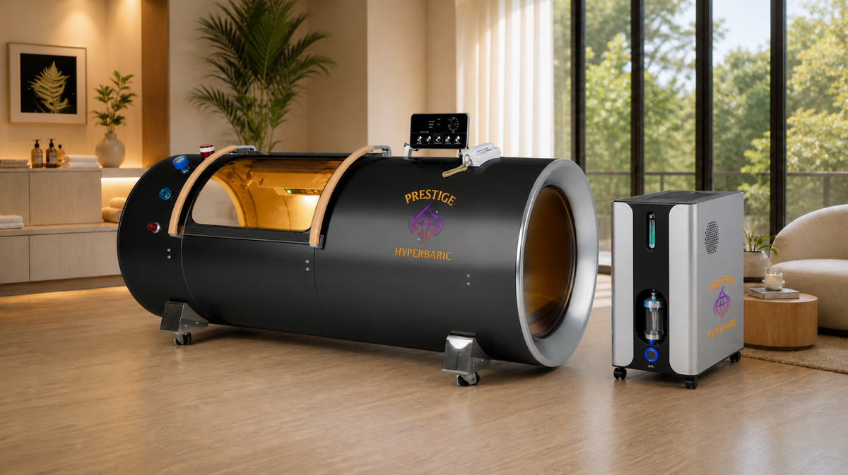 Prestige Hyperbaric hard shell chamber installed in modern home wellness room with complete integrated system positioned beside unit