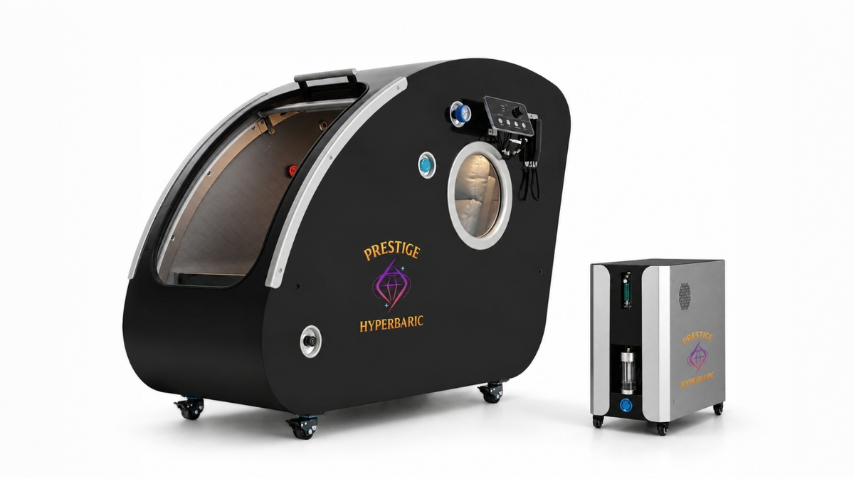 Prestige Hyperbaric Grand Sphere of Power HBOT chamber with integrated system unit displayed together in clean product setting