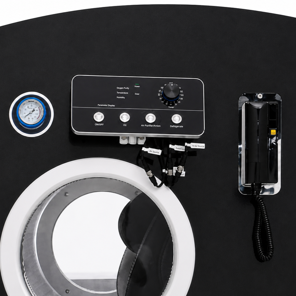 Prestige Hyperbaric HBOT communication system and control panel interface mounted on hard shell chamber