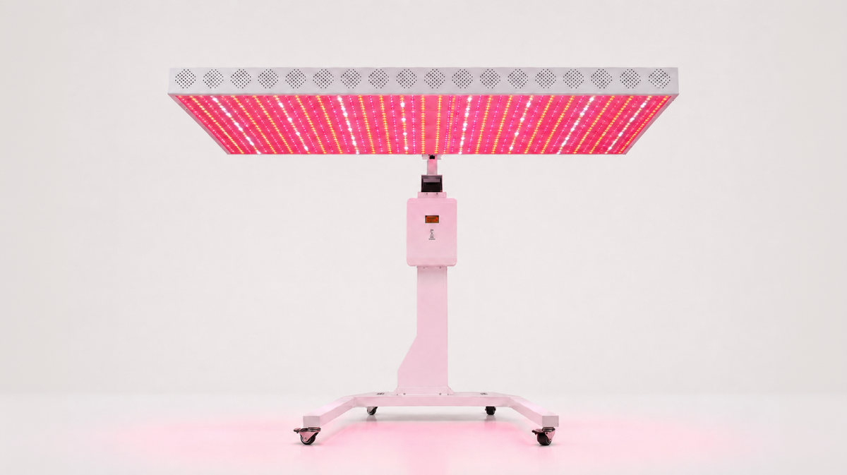 Prestige Pro Modular Red Light Therapy Bed upper panel shown separately on a wheeled vertical stand with illuminated LED array for modular red light therapy positioning.