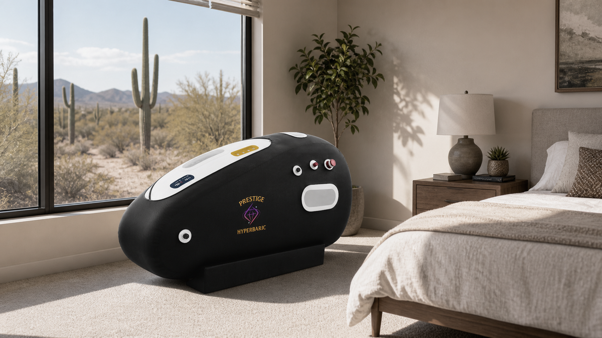 Prestige Sphere of Power hyperbaric chamber softshell HBOT unit placed in bedroom environment near window showing chamber exterior design and valve system