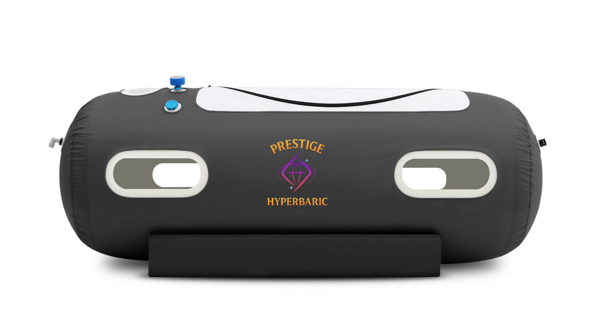 Prestige Vessel of Power hyperbaric chamber 36 inch diameter full body softshell chamber side profile in studio environment