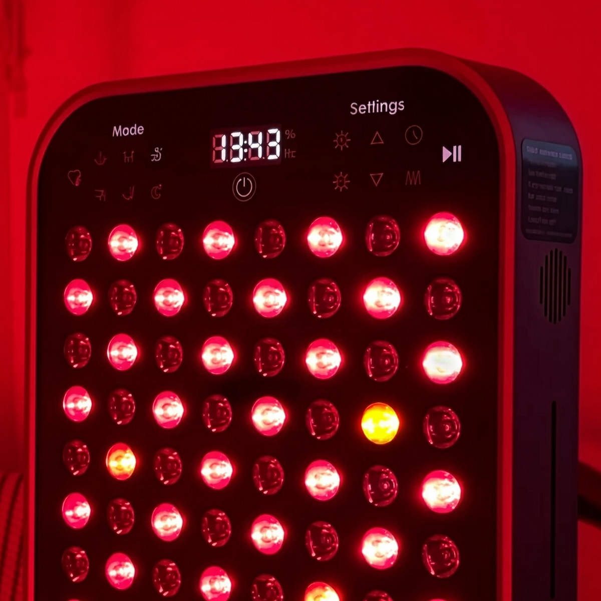 Renew Red Light Large Panel red light therapy panel close-up of LED array and control interface showing active light output