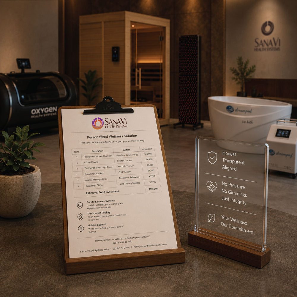 SanaVi honest pricing approach image with transparent wellness equipment quote sheet, integrity messaging, and premium showroom background