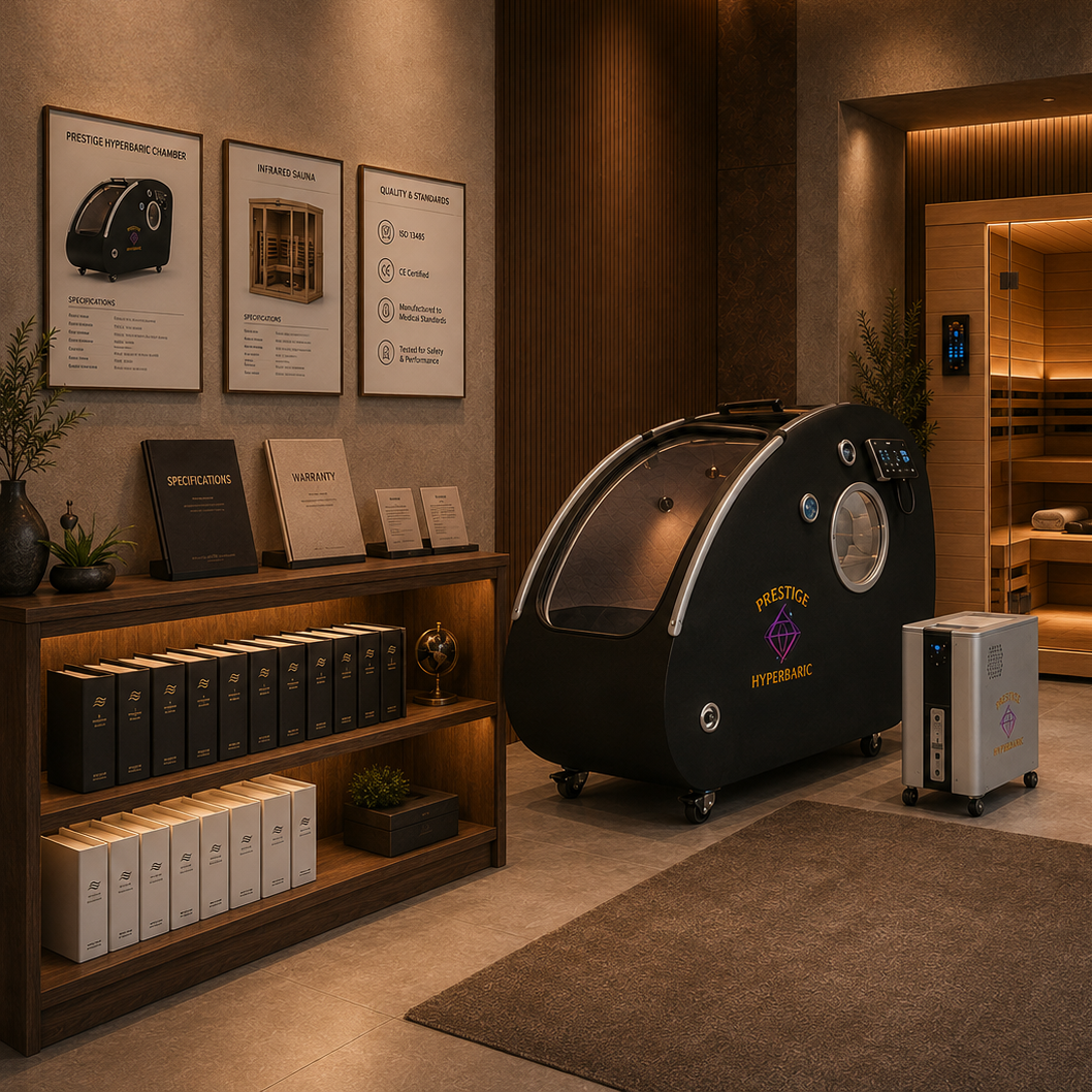 SanaVi manufacturer-aligned standards image with wellness equipment, product information displays, specifications, and warranty materials